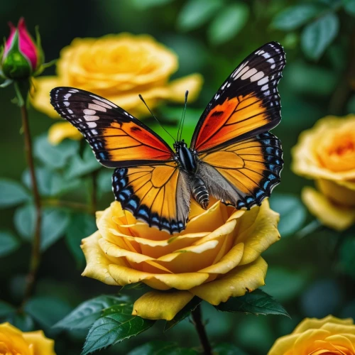 butterfly on a flower,butterfly background,orange butterfly,butterfly floral,butterfly isolated,ulysses butterfly,tropical butterfly,isolated butterfly,golden passion flower butterfly,passion butterfly,monarch butterfly,yellow orange rose,yellow butterfly,butterfly,checkerboard butterfly,orange rose,french butterfly,glass wing butterfly,hesperia (butterfly),flower background,Photography,General,Fantasy