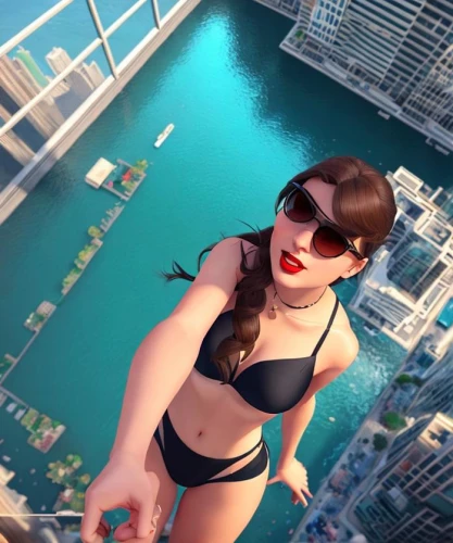 miami,base jumping,one-piece swimsuit,swimsuit,monokini,above the city,bungee jumping,jumping off,34 meters high,swimsuit bottom,up high,anime 3d,up,gopro,bird's eye view,hanging down,summer swimsuit,digital compositing,burj,dubai,Common,Common,Cartoon