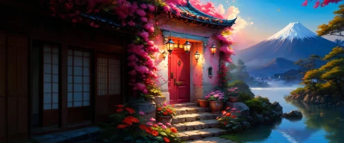 flower painting,chinese art,world digital painting,oriental,japanese floral background,japanese sakura background,chinese temple,japan landscape,flower shop,splendor of flowers,mid-autumn festival,芦ﾉ湖,the cherry blossoms,spring festival,asian architecture,fantasy picture,sakura background,beautiful japan,fantasy landscape,oriental painting