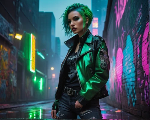 cyberpunk,punk,grunge,leather jacket,neon,neon lights,neon light,renegade,femme fatale,neon arrows,jacket,urban,80s,alleyway,jade,neon colors,green jacket,streampunk,clover jackets,neon sign,Art,Classical Oil Painting,Classical Oil Painting 44