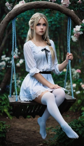 alice,alice in wonderland,garden swing,empty swing,frula,cinderella,wonderland,wooden swing,fae,fairy tale character,swing set,marionette,swing,rapunzel,ballerina in the woods,cosplay image,sitting on a chair,little girl fairy,child fairy,doll dress,Conceptual Art,Fantasy,Fantasy 34