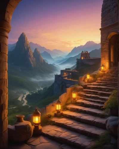 fantasy landscape,fantasy picture,meteora,mountain sunrise,landscape background,mountain scene,fantasy art,mountain settlement,mountain landscape,world digital painting,mountainous landscape,home landscape,cartoon video game background,evening atmosphere,3d fantasy,background with stones,beauty scene,romantic scene,beautiful landscape,backgrounds,Art,Classical Oil Painting,Classical Oil Painting 20