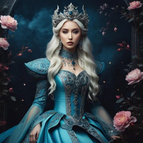 elsa,cinderella,white rose snow queen,fantasy portrait,ice queen,the snow queen,fairy tale character,celtic queen,fantasy picture,fairy queen,fantasy woman,blue enchantress,blue rose,crown render,queen of the night,fantasy art,noble roses,queen crown,a princess,princess crown,Photography,Artistic Photography,Artistic Photography 12