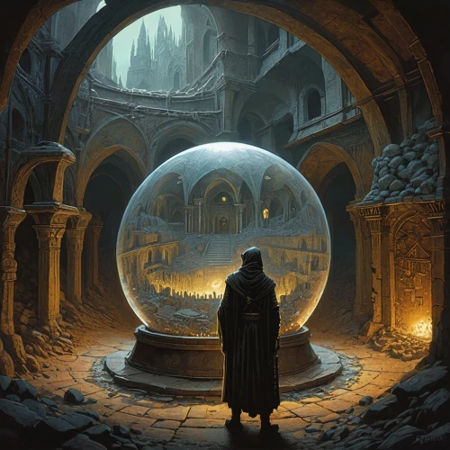 crystal ball,hall of the fallen,crypt,sci fiction illustration,the globe,orb,prejmer,apothecary,catacombs,globes,necropolis,the threshold of the house,sepulchre,vault,chamber,quarantine bubble,lantern,tombs,globe,the collector,Illustration,Realistic Fantasy,Realistic Fantasy 44