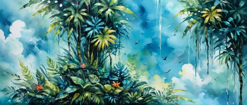 rainforest,rain forest,watercolor palm trees,tropical jungle,palm forest,banana trees,palm branches,tropical floral background,palm lilies,tropical tree,bamboo plants,palmtrees,palm pasture,tropical bloom,coconut trees,palm field,artocarpus,jungle,two palms,hawaii bamboo,Illustration,Paper based,Paper Based 04