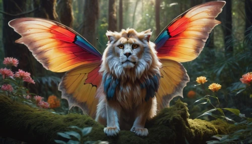 papillon,forest king lion,whimsical animals,forest animal,woodland animals,lepidopterist,forest animals,anthropomorphized animals,canidae,lepidoptera,fantasy picture,faerie,faery,fantasy art,fauna,king of the jungle,indian spitz,dryas julia,gatekeeper (butterfly),cupido (butterfly),Conceptual Art,Oil color,Oil Color 05