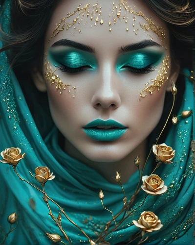 turquoise,golden mask,masquerade,gold filigree,cleopatra,mystical portrait of a girl,color turquoise,emerald,fantasy portrait,gold foil mermaid,venetian mask,fantasy art,the enchantress,filigree,adornments,faery,genuine turquoise,gold foil art,priestess,blue enchantress,Photography,Documentary Photography,Documentary Photography 08