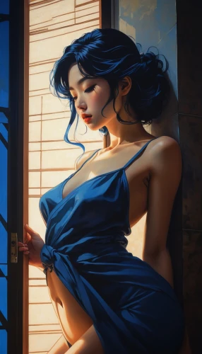 jasmine blue,blue rose,blue painting,geisha,digital painting,blue room,romantic portrait,world digital painting,geisha girl,majorelle blue,morning light,oriental girl,widowmaker,bedroom window,blue enchantress,summer evening,the evening light,pinup girl,windowsill,blue background,Illustration,Japanese style,Japanese Style 15