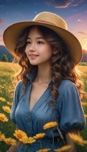portrait background,yellow rose background,vietnamese woman,countrygirl,autumn background,landscape background,yellow sun hat,fantasy portrait,farm girl,springtime background,girl wearing hat,world digital painting,fantasy picture,rosa ' amber cover,flower background,country dress,spring background,romantic portrait,straw hat,high sun hat,Illustration,Retro,Retro 02