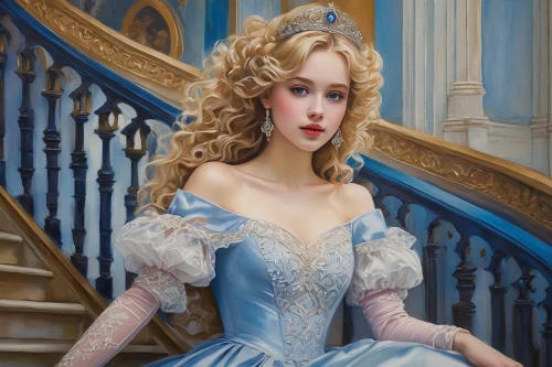 cinderella,girl on the stairs,victorian lady,fairy tale character,rococo,holly blue,alice,ball gown,mazarine blue,oil painting,jasmine blue,elsa,fantasy portrait,emile vernon,romantic portrait,debutante,rapunzel,fantasy art,portrait of a girl,oil painting on canvas,Illustration,Realistic Fantasy,Realistic Fantasy 30