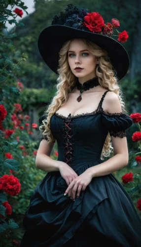 victorian lady,gothic fashion,black rose,gothic dress,gothic portrait,gothic woman,wild roses,with roses,victorian style,red roses,scent of roses,old country roses,red rose,way of the roses,rosebushes,black hat,noble roses,esperance roses,roses,jessamine,Conceptual Art,Fantasy,Fantasy 34