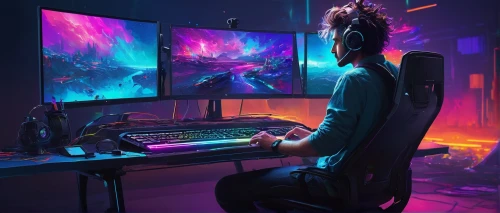 girl at the computer,computer game,gamer zone,gamer,lures and buy new desktop,pc,lan,game illustration,gaming,cyberpunk,fractal design,computer graphics,night administrator,computer workstation,man with a computer,computer games,game art,monitors,computer addiction,computer freak,Conceptual Art,Sci-Fi,Sci-Fi 22