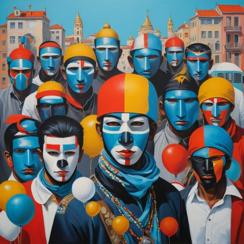 multicolor faces,masks,group of people,audience,masque,peoples,self unity,african masks,venetian mask,masquerade,seven citizens of the country,juggling club,devotees,andreas cross,procession,avatars,blue demon,ancient parade,catalonia,tribal masks,Illustration,Realistic Fantasy,Realistic Fantasy 24