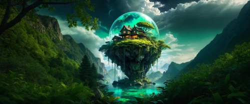 green waterfall,fantasy picture,fantasy landscape,emerald sea,fantasy art,mushroom landscape,3d fantasy,floating island,landscape background,world digital painting,acid lake,green landscape,wasserfall,fractal environment,green aurora,swampy landscape,alien planet,photomanipulation,alien world,green forest