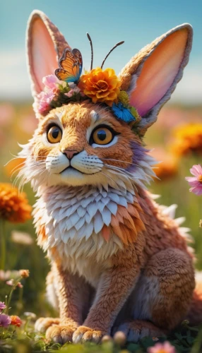 flower cat,fennec,flower animal,garden-fox tail,blossom kitten,child fox,bunny on flower,cute fox,adorable fox,sand fox,little fox,kit fox,squirell,fennec fox,a fox,felidae,rabbit owl,spring crown,spring background,full hd wallpaper,Illustration,Paper based,Paper Based 01