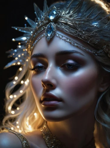 fantasy portrait,golden crown,elven,faery,fantasy woman,mystical portrait of a girl,elsa,ice queen,the enchantress,fantasy art,fae,the snow queen,cinderella,priestess,diadem,cleopatra,fantasy picture,luminous,faerie,fairy queen
