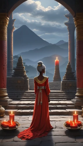 red cape,red lantern,nepal,man in red dress,red gown,buddhists monks,fantasy picture,world digital painting,theravada buddhism,red tunic,lady in red,offerings,background image,golden candlestick,buddhist monk,orange robes,sci fiction illustration,indian monk,pilgrimage,red coat,Conceptual Art,Daily,Daily 33