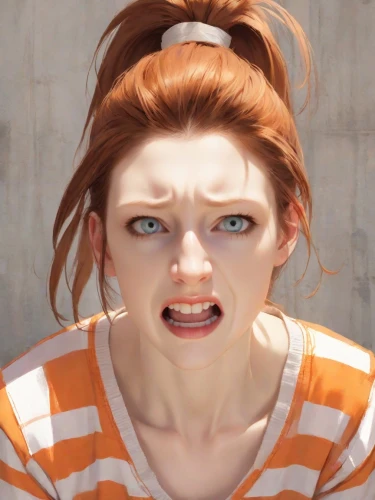 clementine,fallout4,symetra,the girl's face,rendering,character animation,nora,clary,eleven,beaker,lis,twitch icon,scared woman,orange,worried girl,piper,woman face,emogi,maci,ken,Digital Art,Anime