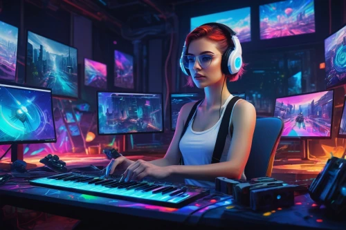 girl at the computer,lan,dj,game illustration,computer game,cyberpunk,music background,gamer,cyber,pc,computer graphics,gaming,coder,lures and buy new desktop,disk jockey,music workstation,computer games,gamer zone,computer art,computer freak,Illustration,Realistic Fantasy,Realistic Fantasy 25
