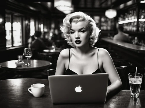 marylin monroe,macbook,macbook pro,apple macbook pro,woman eating apple,woman at cafe,laptop,blonde woman reading a newspaper,woman drinking coffee,internet addiction,online date,marylyn monroe - female,work from home,50's style,imac,laptops,marilyn,blonde sits and reads the newspaper,girl at the computer,merilyn monroe,Photography,General,Commercial