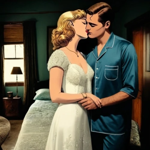 honeymoon,romantic scene,vintage man and woman,romance novel,kissing,wedding couple,married,just married,romantic portrait,wedding photo,retro 1950's clip art,romantic night,tango,couple in love,digital compositing,first kiss,beautiful couple,50's style,photoshop manipulation,vintage boy and girl