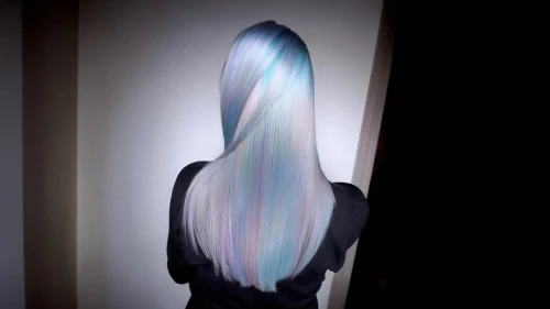 rainbow waves,iridescent,blue hair,glow in the dark paint,spectra,mermaid silhouette,opal,aura,girl from the back,mermaid scale,back of head,bioluminescence,color feathers,luminous,prismatic,neon body painting,hair,mannequin silhouettes,dye,spectral colors