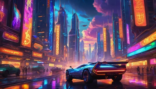 futuristic landscape,cityscape,colorful city,cyberpunk,futuristic,3d car wallpaper,fantasy city,futuristic car,toyota supra,street canyon,corvette,metropolis,skyline,city highway,shanghai,camaro,80s,urban,vapor,neon arrows,Unique,Pixel,Pixel 05