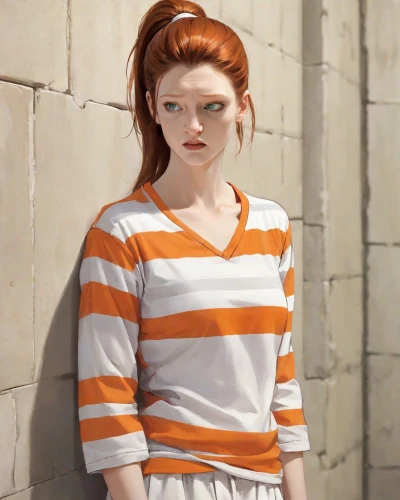 clementine,pippi longstocking,david bates,portrait of a girl,redhead doll,ginger rodgers,daphne,retro girl,horizontal stripes,girl in t-shirt,lilian gish - female,orange,retro woman,digital painting,nora,rockabella,liberty cotton,raggedy ann,barb,audrey,Digital Art,Comic