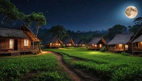 night indonesia,wooden houses,indonesia,night scene,moonlit night,home landscape,ubud,korean folk village,huts,traditional house,landscape lighting,inle lake,borneo,houses clipart,the night of kupala,traditional village,cottages,landscape background,wooden hut,night image,Photography,General,Realistic