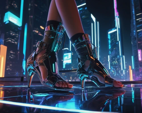 cyberpunk,futuristic,dancing shoes,high-heels,high heel,high heel shoes,cyber,stilettos,scifi,neon lights,neon arrows,neon light,high heels,kayano,3d fantasy,stiletto-heeled shoe,pumps,boots,artistic roller skating,roller skating,Illustration,Paper based,Paper Based 10