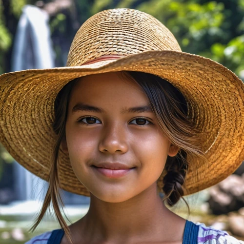 girl wearing hat,high sun hat,ordinary sun hat,panama hat,sombrero,the hat-female,sun hat,guatemalan,yellow sun hat,asian conical hat,straw hat,peruvian women,farmworker,girl portrait,summer hat,coconut hat,vietnamese woman,farm girl,countrygirl,child portrait,Photography,General,Realistic