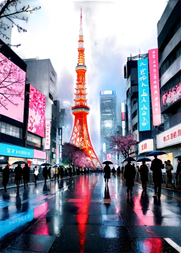 tokyo ¡¡,tokyo,beautiful japan,japan landscape,shinjuku,shibuya crossing,japanese umbrellas,tokyo city,japan's three great night views,shibuya,japan,japanese umbrella,japanese background,tokyo tower,asakusa,colorful city,japanese sakura background,japan place,japanese culture,osaka,Illustration,Realistic Fantasy,Realistic Fantasy 43