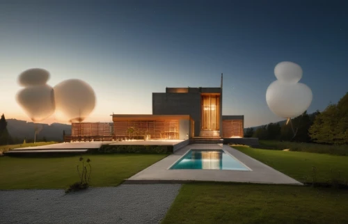 modern house,3d rendering,modern architecture,spheres,corten steel,chancellery,archidaily,hot-air-balloon-valley-sky,luxury property,mansion,cube stilt houses,holiday villa,infinity swimming pool,balloons flying,luxury home,event venue,balloon-like,mirror house,penguin balloons,render,Photography,General,Realistic