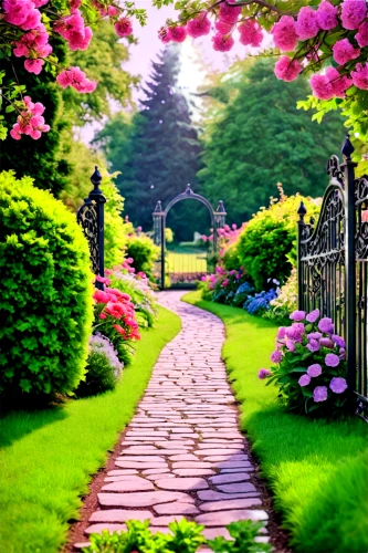 pathway,walkway,spring background,to the garden,landscape background,springtime background,flower garden,walk in a park,nature garden,tree lined path,towards the garden,spring nature,splendor of flowers,garden fence,summer border,home landscape,flower background,forest path,wooden path,heaven gate,Illustration,American Style,American Style 15