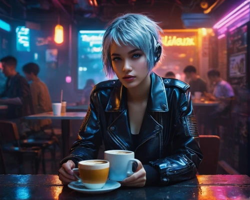 neon coffee,woman drinking coffee,barista,cappuccino,woman at cafe,neon tea,cyberpunk,cortado,espresso,retro diner,coffee shop,coffee background,drinking coffee,blue coffee cups,the coffee shop,a cup of coffee,smoking girl,hot coffee,gentiana,bun cha,Conceptual Art,Graffiti Art,Graffiti Art 04