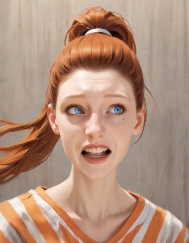 character animation,clementine,cinnamon girl,rendering,fallout4,b3d,the girl's face,cgi,symetra,pippi longstocking,ginger rodgers,render,3d rendered,gingerman,orange,orangina,emogi,scared woman,cinema 4d,maci,Digital Art,Anime