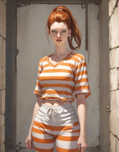 prisoner,rockabella,retro woman,overalls,girl in overalls,prison,retro girl,horizontal stripes,orange,nora,queen cage,detention,mary jane,see-through clothing,piper,rust-orange,liberty cotton,pajamas,jumpsuit,ginger rodgers,Digital Art,Comic