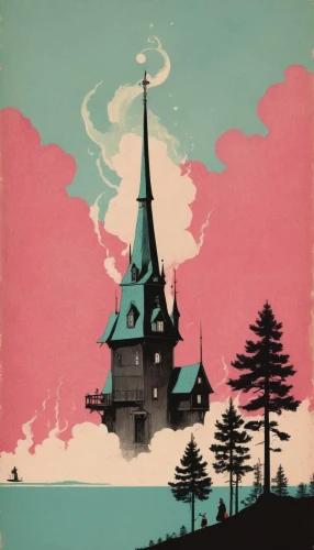 travel poster,church painting,vintage illustration,steeple,spire,wooden church,fairy tale castle,fredric church,fairy chimney,fairytale castle,vintage art,church faith,matruschka,vintage wallpaper,cool woodblock images,black church,churches,vintage print,castles,island church,Illustration,Japanese style,Japanese Style 08
