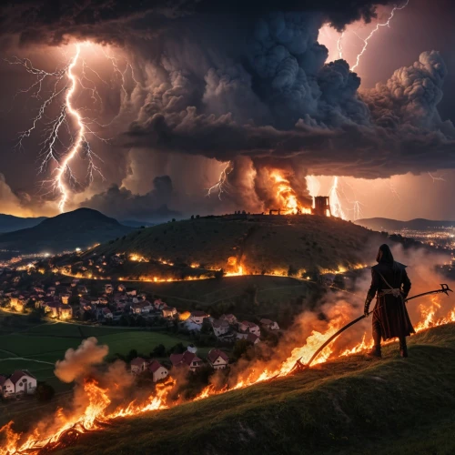 apocalypse,nature's wrath,sweden fire,the eruption,eruption,fire in the mountains,burning earth,czechia,apocalyptic,rain of fire,lightning storm,thunderstorm,volcanic eruption,the end of the world,the storm of the invasion,pyrotechnic,czech republic,lightning strike,wildfires,armageddon,Photography,General,Realistic
