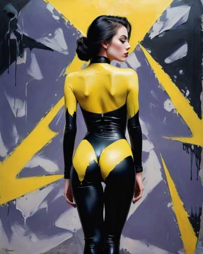 kryptarum-the bumble bee,bodypainting,wasp,bodypaint,yellow and black,latex clothing,body painting,xmen,x-men,latex,yellow wall,sprint woman,x men,neon body painting,super heroine,yellow,catwoman,yellow background,wu,electro,Illustration,Realistic Fantasy,Realistic Fantasy 32