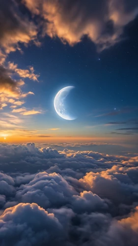 astronomy,celestial object,sunrise in the skies,crescent moon,celestial bodies,moon and star background,celestial body,planet alien sky,above the clouds,alien planet,space art,celestial phenomenon,sea of clouds,lunar landscape,moon in the clouds,sky,night sky,alien world,atmospheric phenomenon,moon and star,Photography,General,Natural