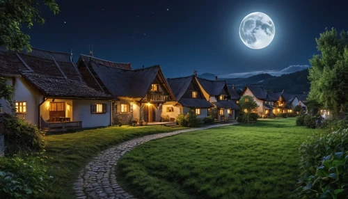 houses clipart,fantasy picture,moonlit night,witch's house,knight village,night scene,home landscape,herfstanemoon,wooden houses,night image,aurora village,witch house,children's fairy tale,fantasy landscape,moonlit,the night of kupala,fairy tale,cottages,mountain settlement,alpine village,Photography,General,Realistic