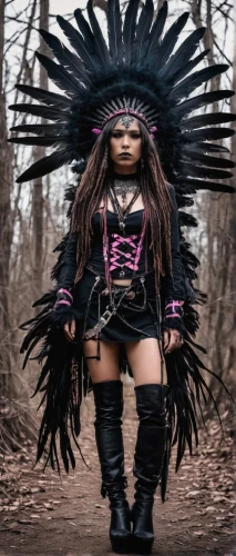 voodoo woman,warrior woman,american indian,native american,streampunk,the american indian,tribal chief,feather headdress,primitive dolls,aborigine,shamanic,asian costume,dark angel,tribal,rag doll,crow queen,bjork,female warrior,headdress,gothic fashion,Illustration,Realistic Fantasy,Realistic Fantasy 46