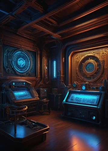 ufo interior,sci fi surgery room,steam machines,cabinets,computer room,consoles,tardis,dark cabinetry,interiors,engine room,music chest,research station,dark cabinets,chamber,blueprints,game room,screens,stereo system,laboratory oven,galley,Illustration,Retro,Retro 04