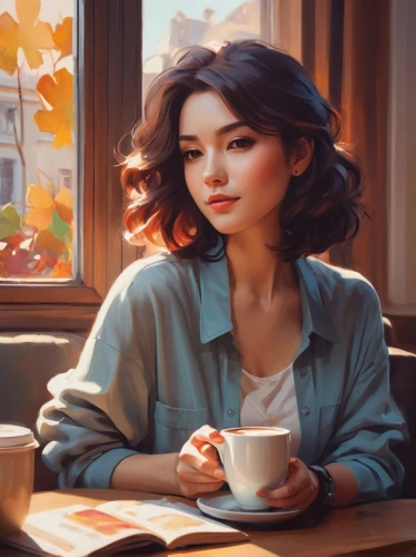 woman drinking coffee,woman at cafe,coffee and books,coffee tea illustration,coffee background,girl studying,cappuccino,drinking coffee,world digital painting,barista,romantic portrait,a cup of coffee,girl with cereal bowl,tea and books,café au lait,cup of coffee,coffee break,women at cafe,digital painting,autumn hot coffee,Conceptual Art,Fantasy,Fantasy 19