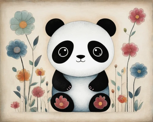 little panda,chinese panda,panda bear,kawaii panda,pandabear,baby panda,panda,giant panda,kawaii panda emoji,panda cub,flower animal,pandas,flower painting,whimsical animals,hanging panda,panda face,bamboo,wood daisy background,anthropomorphized animals,kawaii animal patches,Illustration,Abstract Fantasy,Abstract Fantasy 02