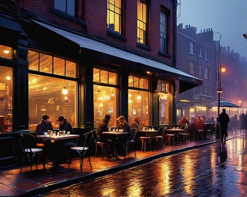 new york restaurant,street cafe,meatpacking district,paris cafe,new york streets,outdoor dining,rain bar,bistrot,evening atmosphere,awnings,rainy day,man with umbrella,rainy,dublin,newyork,french quarters,watercolor cafe,walking in the rain,the cobbled streets,gas lamp,Art,Artistic Painting,Artistic Painting 24