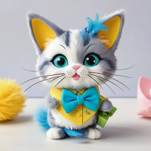 doll cat,cute cat,animals play dress-up,cute cartoon character,cartoon cat,blue eyes cat,cat kawaii,cute tie,cat with blue eyes,stuff toy,cat toy,little cat,soft toy,bow-tie,cute animals,blossom kitten,cute animal,cat on a blue background,cat image,feline look,Illustration,Paper based,Paper Based 01