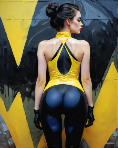 bodypainting,bodypaint,body painting,neon body painting,xmen,wu,sprint woman,yellow wall,x-men,superhero background,latex clothing,kryptarum-the bumble bee,super heroine,x men,wasp,yellow and black,spandex,yellow brick wall,catwoman,street artist,Illustration,Realistic Fantasy,Realistic Fantasy 32
