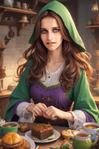 merida,merchant,woman holding pie,princess anna,fairy tale character,girl in the kitchen,candlemaker,celtic queen,elf,dwarf cookin,rapunzel,sterntaler,celtic woman,apothecary,elven,irish stew,confectioner,dulcimer herb,girl with bread-and-butter,elves,Photography,Realistic